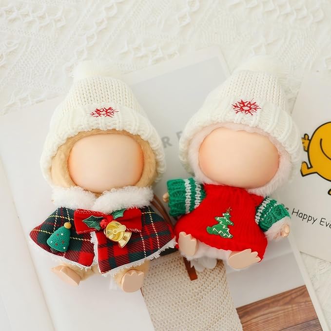 Christmas Hat Clothes for Dolls Accessories, Stylish Kawaii Festive Christmas Bell Cloak Outfit Set 2 Pieces Suitable for 15cm 17cm Doll , Xmas Doll Clothing Set Replacement Red