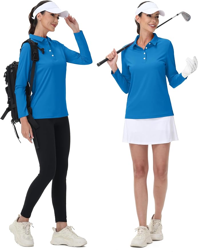 MAGCOMSEN Long Sleeve Polo Shirts for Women Golf Tops with Collar Work | UPF 50+ Sun Protection, 4 Buttons, Moisture Wicking, Breathable, 4-Way Stretch, Collared, Quick Dry, Active, Casual, Tennis
