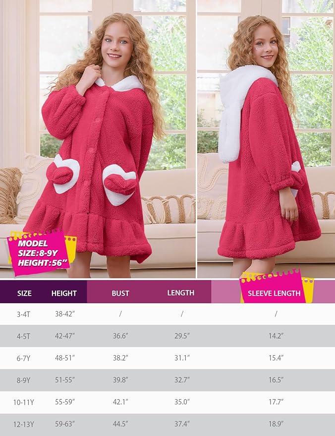 Girls Bathrobes Coral Fleece Button Down Hooded Robes Cute Rabbit Ears Bath Robe Fuzzy Warm Soft Sleepwear