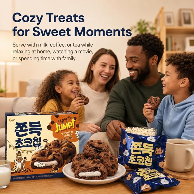 CW Korean Chocolate Chip Mochi Cookies with Chewy Center, 12 Count, 240 g | Soft baked dessert bite, coffee tea milk pairing, lunchbox treat, office pantry, care package, shareable snack box