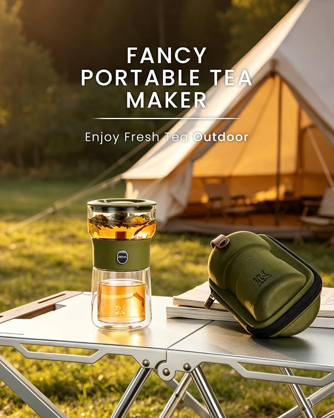 ZENS Modern Glass infuser Teapot, Small One Touch Tea Maker for Loose Tea Diffusers with 200ml Insulated Cup and Army Green Portable Carry Case, Magic Gongfu Tea Pot for Tea Lovers Gifts