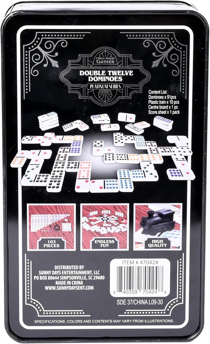 Sunny Days Entertainment Elbow Room Games Double Twelve Dominoes Set with 91 Dominoes, 10 Trains, Starter Piece, Storage Tin – Perfect for Mexican Train, Block, and Draw – for 2-8 Players