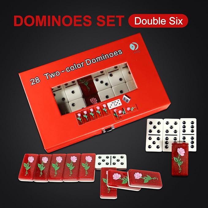 IDTQ Double Six Domino Set - 28 Piece Two-Color Dominoes, Floral Rose Back and Locking Red Gift Box, Classic Table Game for 2-4 Players, Adults & Family Game Night