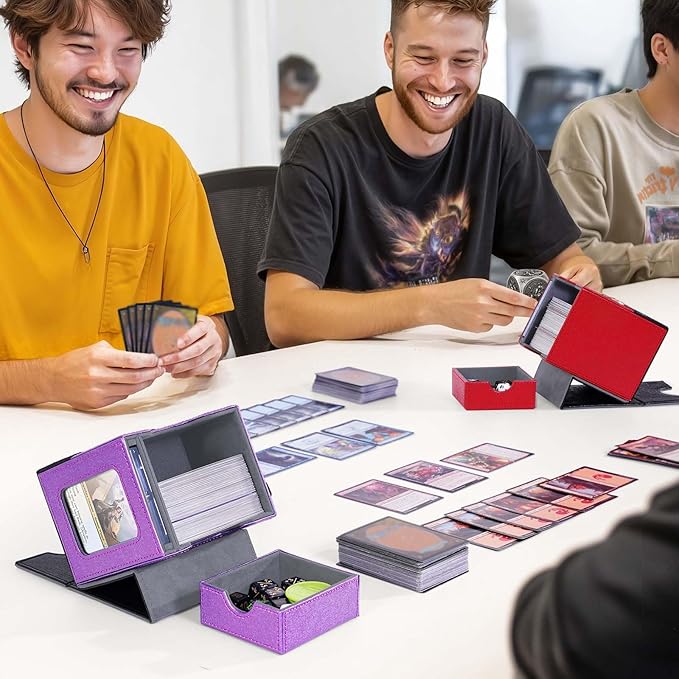 Kabinka Commander Deck Box for MTG with Dice Tray, Card Deck Box with Metal Emblem, Hold 100 Double-Sleeved Cards for TCG/PTCG, Cards Storage Case with 35PT Magnetic Card Holder (Black& Purple, Lotus)