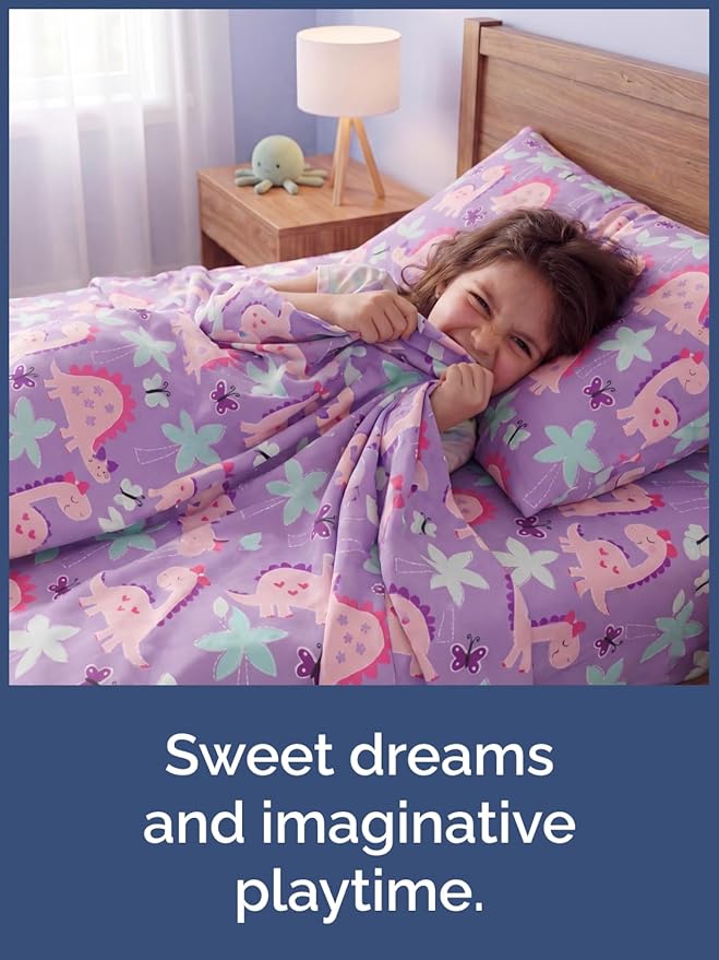 CGK Unlimited Kids Pink Dinos Queen 4 Piece Sheet Set - Boys, Girls, Teens, Toddler - Easy Fit Deep Pockets - Soft, Cooling & Breathable Sheets - Cute, Cozy, Fade and Wrinkle Free - Machine Washable