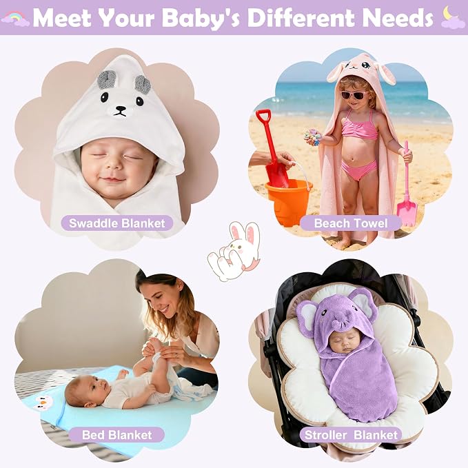 12 PCS Baby Bath Towels Set for Infants Toddlers, 4 PCS Animal Hooded Baby Towels & 8 PCS Washcloths Set, Ultra Absorbent Newborn Bath Essentials Gifts for Boys & Girls