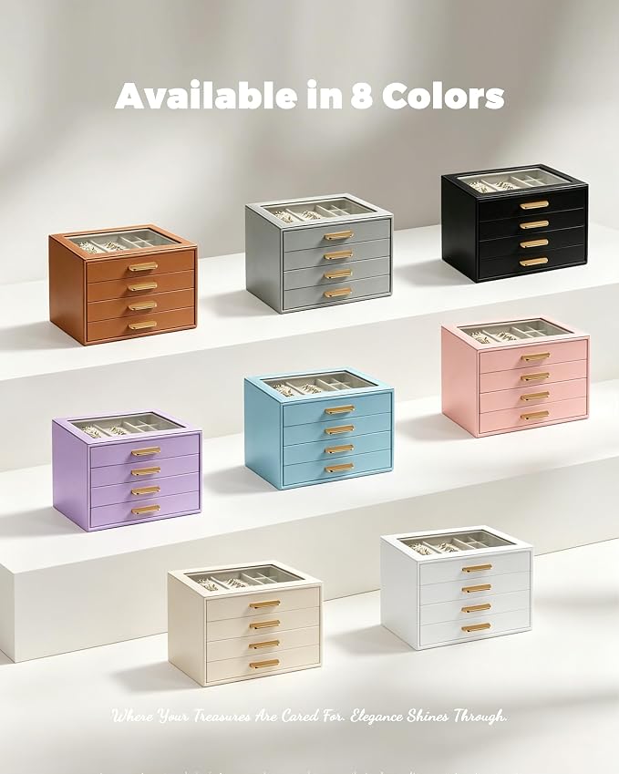Homeanda Jewelry Boxes Organizer with Glass Lid, 4-Layer PU Leather, Black | Modern style display case with 4 drawers for daily jewelry, women, mom or girl gift