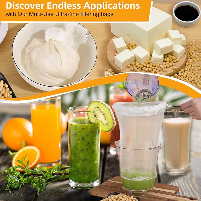 5 Pcs Premium Ultra Fine Mesh Strainer Bags with Stainless Steel Handle, Reusable Nut Milk Bags, Cheese Cloths for Straining Juice, NutMilk, Coffee, Thai Tea, Yogurt and Soup (Small)