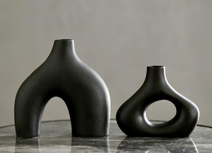 Carrot's Den Black Ceramic Modern Vase Set of 2, Donut Shelf Decor, Black | Pair for bookshelf and bookcase decor, mantel styling, or home staging. Holds dried stems and faux plants indoor.