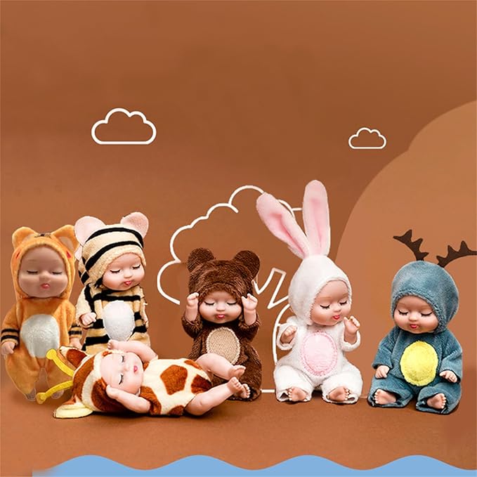 6 Pcs 4.3 Inch Mini Baby Dolls Set with Cute Small Animal Baby Doll Clothes, Child-Safe Role Play Toys for Toddlers Girls Boys Kids 3+ Christmas Birthday Gift Sets