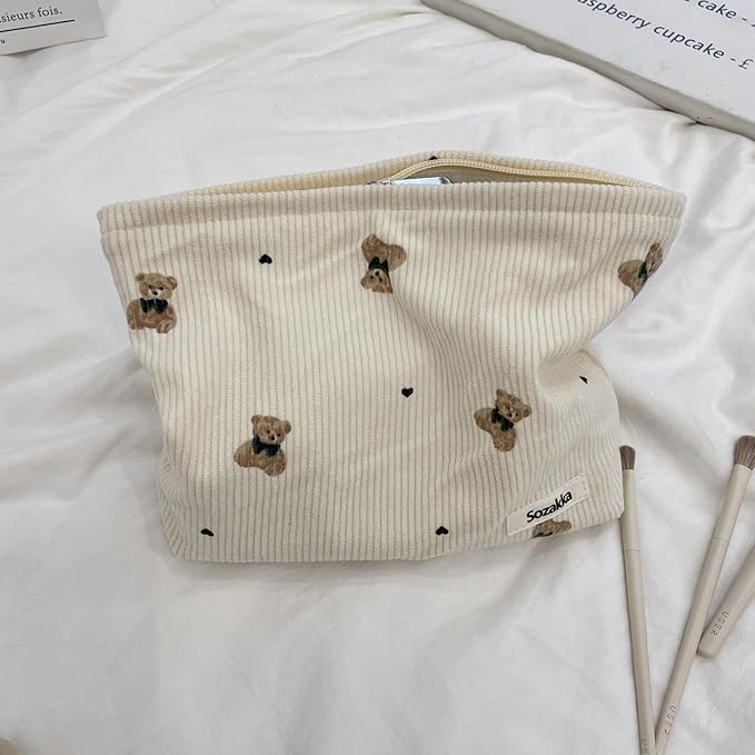 Cute Small Soft Corduroy Zipper Makeup Bag for Purse, Coquette Aesthetic Pouch with Bear Pattern for Women Girls, Kawaii Travel Cosmetic Bags(03Beige)