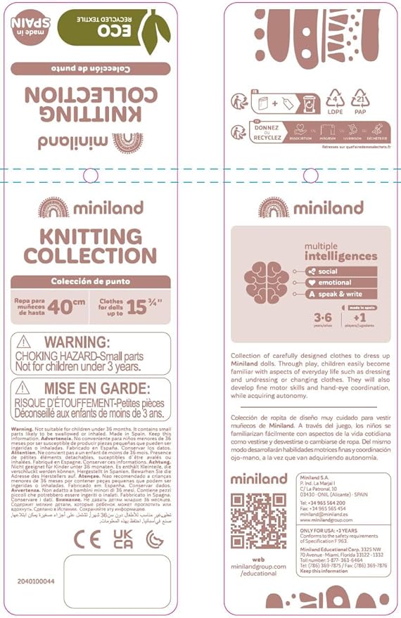 Miniland Clothes for Dolls 15 3/4'' Knitted Outfit Dress & Hat - ECO, Made in Spain, Quality, Role Play, Educational