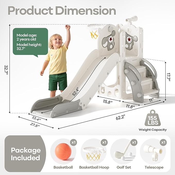 Mloong 6 in 1 Toddler Slide - Kids Slide for Toddlers Baby 1-3 Years Old, Indoor and Outdoor with Basketball Hoop Upgraded Golf for Kids Easy Assembly Pegasus Design (Beige & Gray)(28×62×39in)