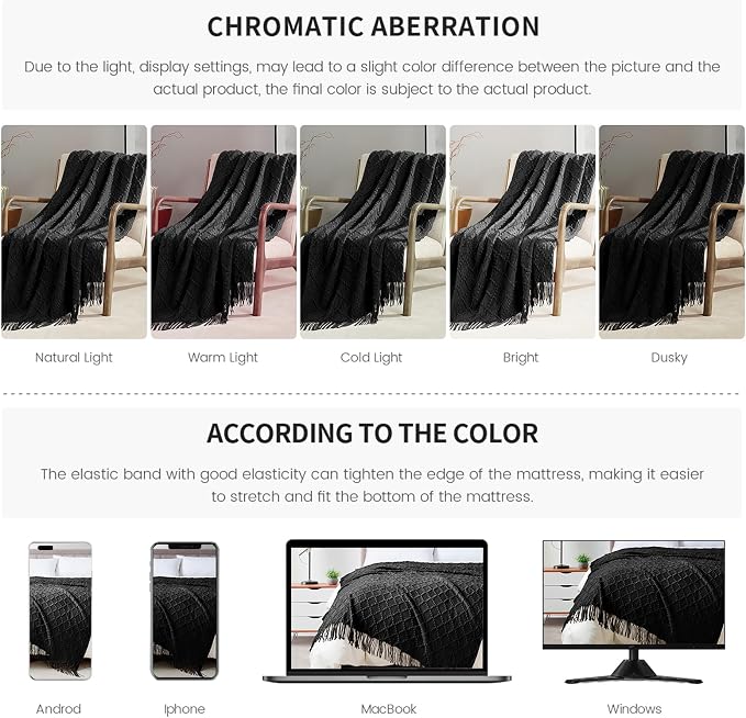 BOURINA Black Throw Blanket 50 x70 Inch Jacquard Throw Knitted Blanket | Jacquard Argyle Throw Textured Solid Soft Throws and Blankets for Sofa or Bed Knitted Decorative Blanket