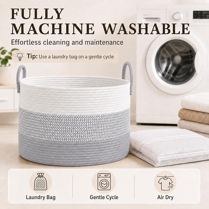 JMvicyroam 65L Extra Large Machine Washable Cotton Rope Blanket Basket | Collapsible laundry hamper, Reinforced handles, For blankets,pillows,toys and clothes, Living room and bedroom,White&Grey Mix