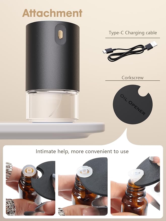 Waterless Essential Oil Diffuser, Rechargeable Aromatherapy Scent Diffusers for Home, Car, Bedroom, Office, 1/2/4/8-Hour Timer, 100ml Capacity, 4 Mist Levels, Metal Black