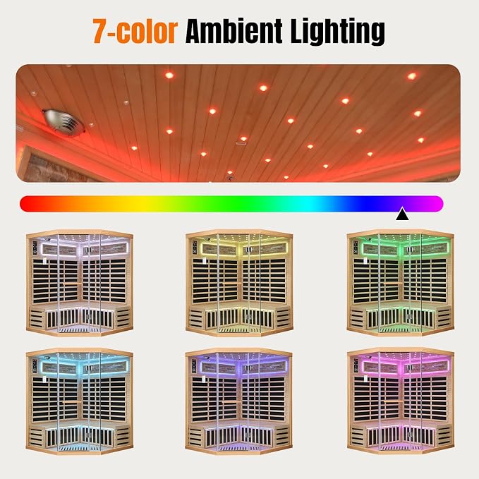 Infrared Sauna for Home 4 Person Indoor Sauna Hemlock Wood Corner Saunas 240V 2595W with Red Light, Oxygen Bar, Bluetooth Speakers
