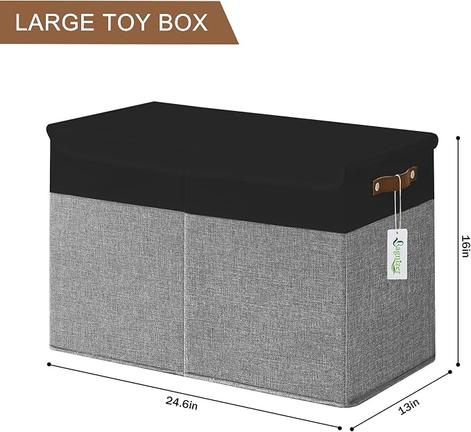 Large Toy Storage Box with Lids, Collapsible Sturdy Baby Storage Organizer Chest Bin Basket for Kids, Boys, Girls, Playroom, Nursery, Bedroom, Closet 25"x13"x16" (Gray and Black)