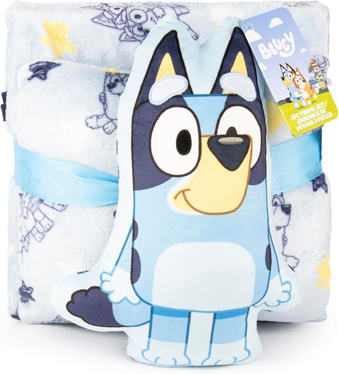 Jay Franco Kids 3 Piece Gift Set – 12" Shaped Character Pillow, 12" Decorative Pillow & 40" x 50" Throw Blanket, Ultra-Soft Plush Bedding, Couch Décor & Holiday Travel Set, Blue - Bluey