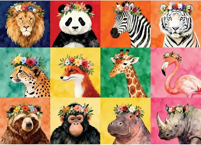 1000 Pieces Jigsaw Puzzles for Adults, Animal Series - Detailed Wildlife Art, Educational Family Game, Large 28" x 20", Great Gift for Animal Lovers & Home Decor(Floral Beasts)