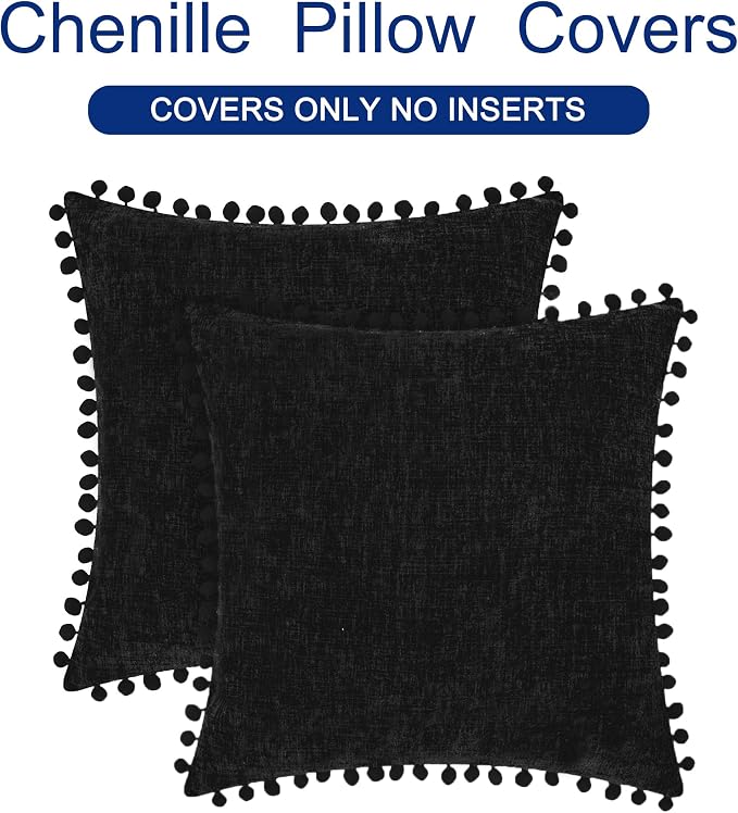 CaliTime Decorative Couch Throw Pillow Covers 22 X 22 Inches Black | Pack of 2, Cozy Chenille Cushion Cases, with Pom Poms for Sofa Bed Living Room Farmhouse Home