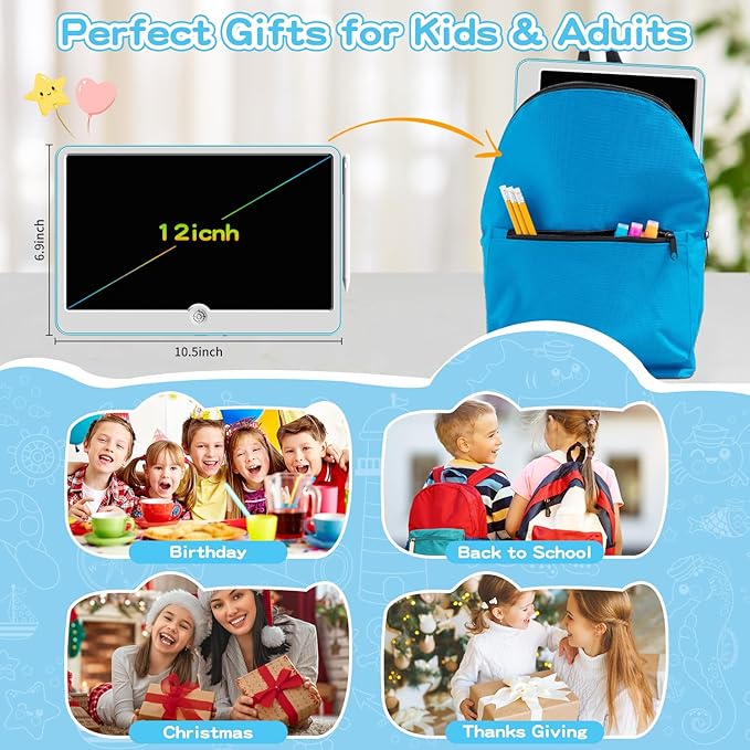 12 Inch LCD Writing Tablet for Kids Ages 3-6, Reusable Doodle Board with Stylus Pen, Drawing Pad Educational Travel Toy for Boys & Girls, Perfect Holiday & Birthday Gift Idea