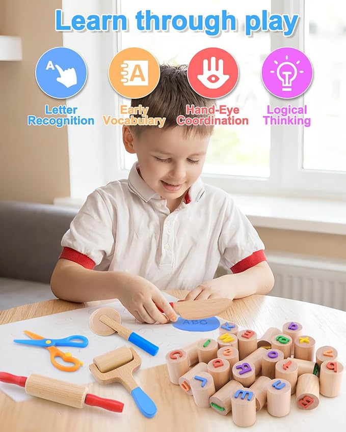 Wooden Dough Tools Kit for Kids, Dough Accessories with Rolling Pins, Pizza Cutter, Safety Scissors & 26 Letter Stamps, Educational Alphabet Learning Toys Gift for Toddlers Ages 3–6