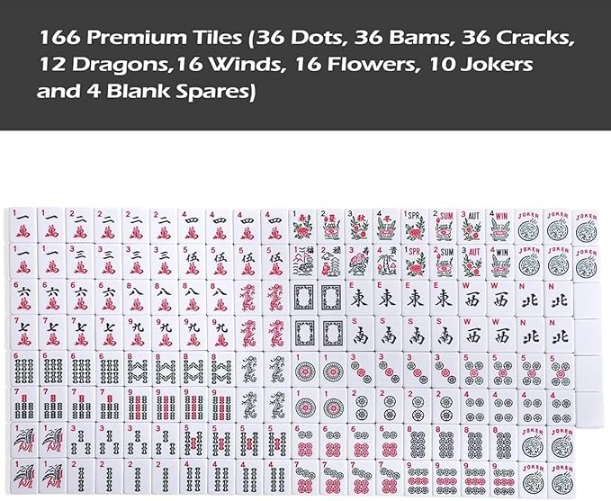 American Mahjong Game Set, 166 White Tiles, 4 All-in-One Color Rack/Pushers, Complete Mahjong Tiles Set with Pink Carrying Bag (Mahjong)
