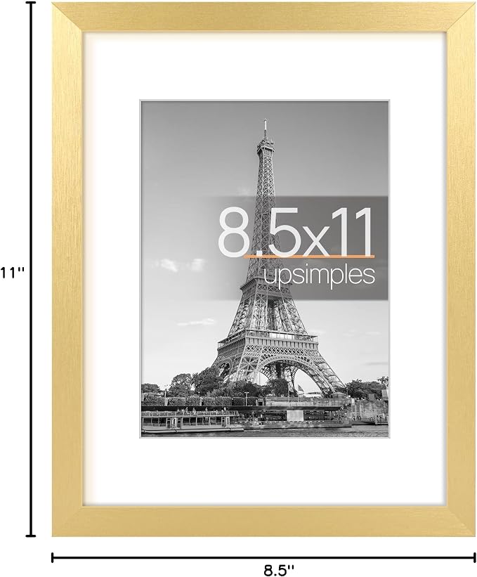 upsimples 8.5 By 11 Picture Frame, Display Pictures 6x8 with Mat or 8.5 x 11 Without, Wall Hanging Photo Frames, Gold, 1 Pack