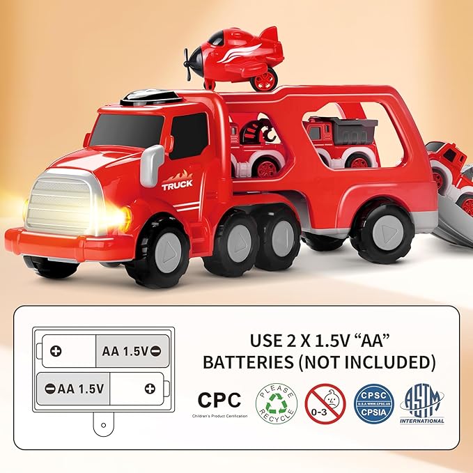 MindPal Fire Truck Toy for 3 4 5 6 7 Years Old Toddler Boys, 8-in-1 Fire Car Carrier Vehicle Set for Boys Age 3-5, Transport Car with Light & Sound, Kids Toys Cars Set for Birthday