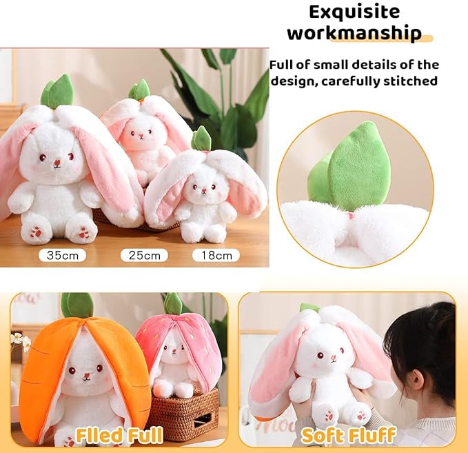 2PCS Plush Toy Pillow, Reversible Carrot Strawberry Bunny Plush with Zipper, Easter Bunny Stuffed Animal Cute Rabbit Plushie Birthday Gift for Boys Girls Kids (1pcs 7" Carrot)