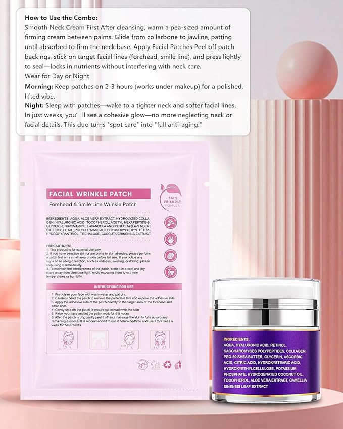 UKVOA Forehead Wrinkle Patches & Smile Line Patches, Overnight Facial Wrinkle Treatment with Hyaluronic Acid, Aloe, Collagen & Vitamin E to Lift Smile Lines for Women 36pcs with Neck Firming Cream