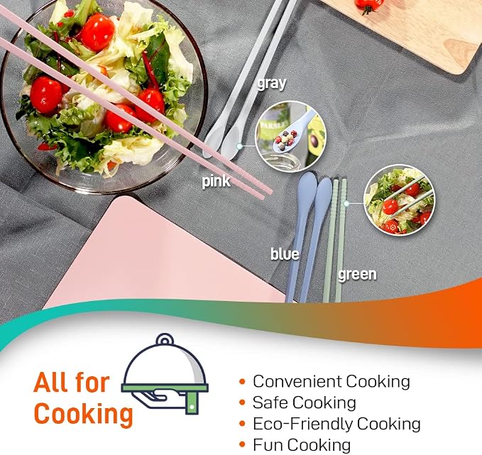 Reusable Long Silicone Cooking Chopsticks with Spoon 12 Inches 1 Pair, Dishwasher Safe, BPA-free Non-Slip,Korea Kitchen Utensils (Pastel Blue, 1 Pair )