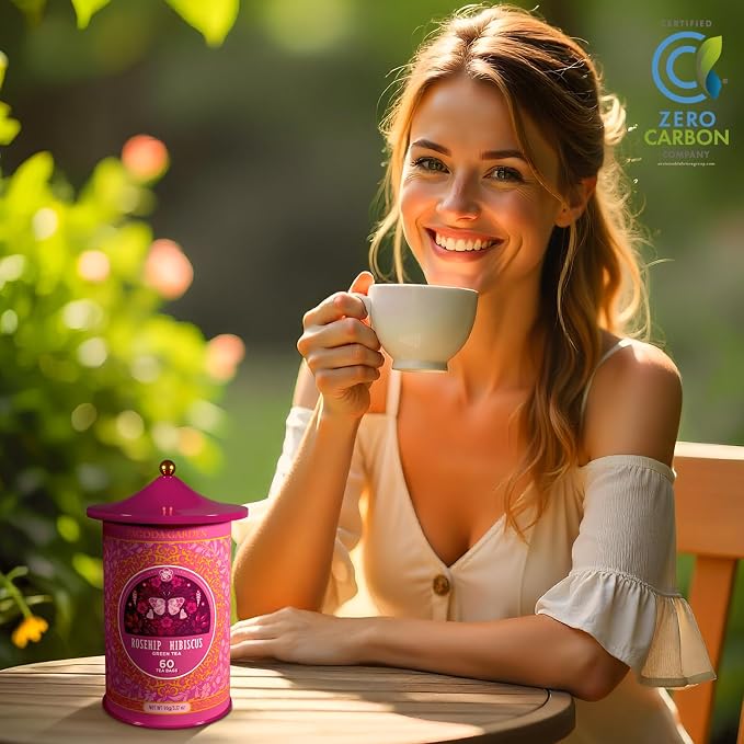 Life Plus Style Gourmet Pagoda Garden Rosehip Hibiscus Green Tea Herbal Tea Caffeinated Hot or Iced Natural Ceylon 60 Tea Bags