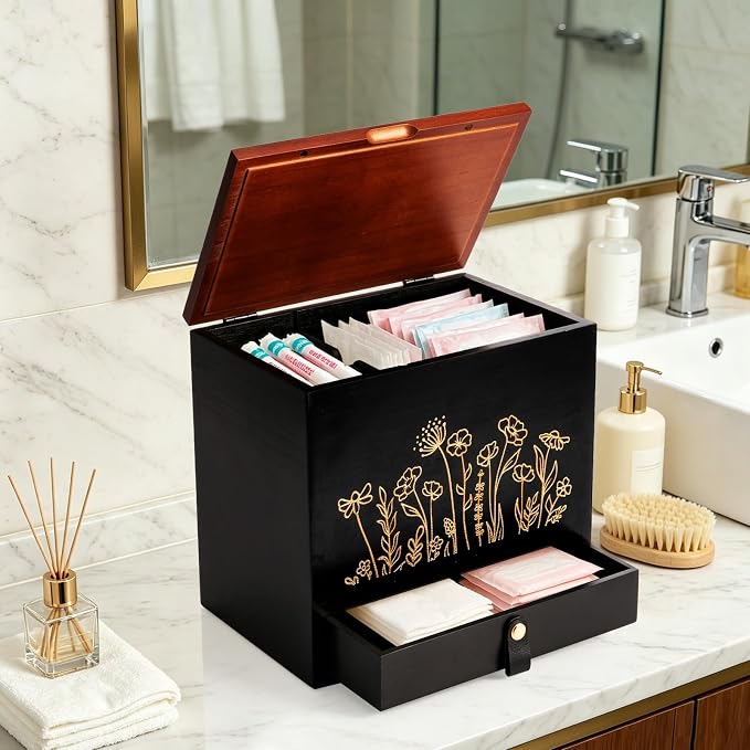 2-Layer Solid Wood Tampon Box Storage Organizer, 100% Wood Bathroom Feminine Accessories Holder with Drawer, Dual-Compartment Holder for Pads, Tampons, & Liners, Gold Floral, Gifts for Women