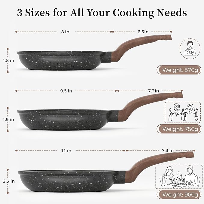 YASHE 3Pcs Granite Nonstick Frying Pan Set(8/9.5/11 inch) Induction Ready | Non-Toxic Omelette Pans Cookware with Stay-Cool Handle PFOA/PFOS Free Skillet Pans Set Compatible with All Stovetops