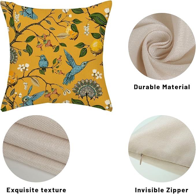 Chinoiserie Pillow Covers 18x18 Set of 2 Mustard Yellow Bird Floral Throw Pillows Vintage Yellow Lemon Flowers Decorations Pillowcase Outdoor Chinoiserie Decor Linen Cushion Case for Couch Home