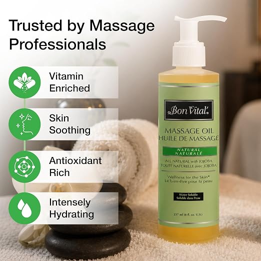 Bon Vital Naturale Massage Oil Made with Natural Ingredients for an Earth-Friendly Massage, Revives and Rehydrates Dry Skin Naturally, with Green Tea Extract, 8 Oz, Label may Vary