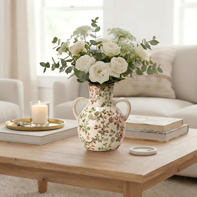 SIDUCAL Ceramic Green and Beige Retro Vase with Handles, 7 Inch Ice Cracked Vintage Pastoral Vase, Rustic Farmhouse Vases for Home Decor, Table, Living Room, Shelf Decor, Chinoiserie Decor