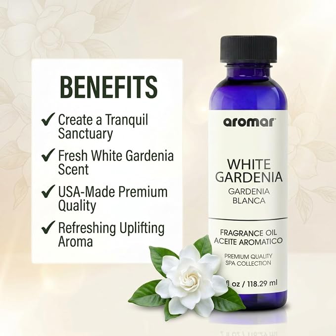 Aromar Premium Fragrance Oil, Long-Lasting, Refreshing Uplifting Aroma for Aromatherapy, Relaxation & Household Uses, White Gardenia 4 oz.