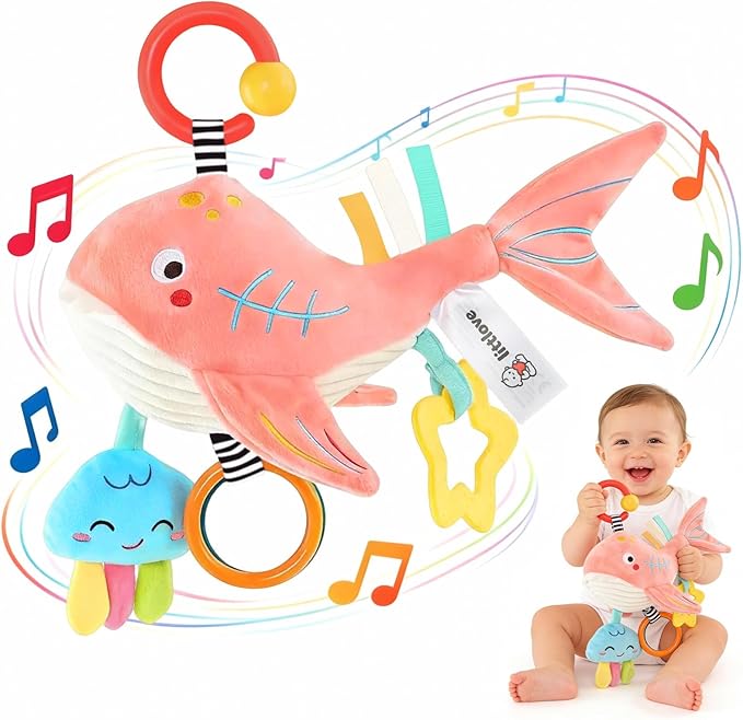 Musical Baby Toys for Car Seat 6-12 Months, Travel Sensory Toy 3-6 Months, Montessori Plush Toys for Roadtrip with Teether Crinkle Textures Clackers Squeaky Pulling Cords Newborn Infant Valentine Gift