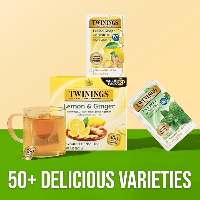 Twinings Superblends Probiotics+ Lemon & Ginger Flavoured Herbal Tea with Turmeric, Caffeine-Free, 18 Count (Pack of 1), Enjoy Hot or Iced, 18 Teabags