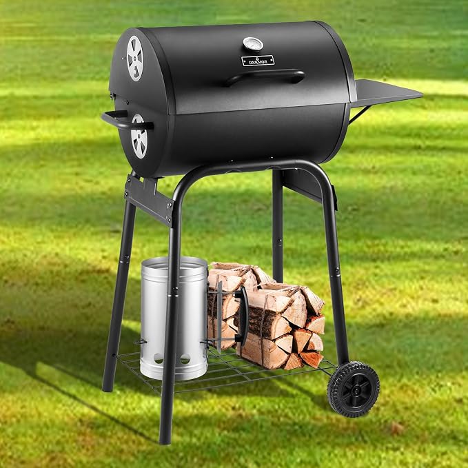 Charcoal Grill Outdoor BBQ Grill, Barrel Charcoal Grills with Side Table, with Nearly 500 Sq.In. Cooking Grid Area, Outdoor Backyard Camping Picnics, Patio and Parties, Black by DNKMOR