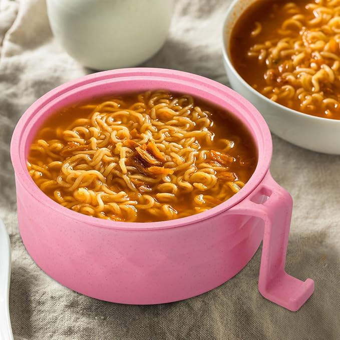 1 Set Microwave Ramen Cooker 40oz Wheat Straw Microwave Noodle Bowl Set with Chopsticks, Spoon, Fork, College Dorm Office Apartment Essentials (Pink)