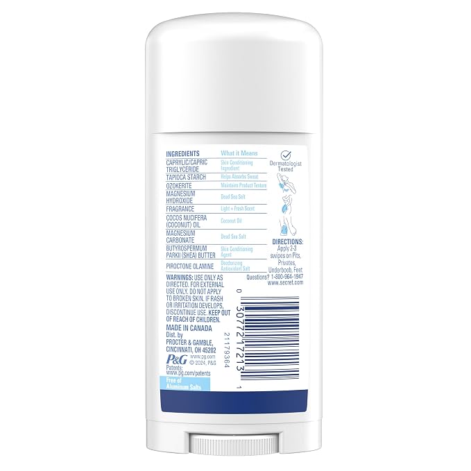 Secret Whole Body Deodorant Dry Feel Stick + Absorbs Sweat for Women, Naturally Derived Ingredients, Light & Fresh Scent, Aluminum Free Deodorant Stick, 72 HR Odor Protection, 2.4 oz