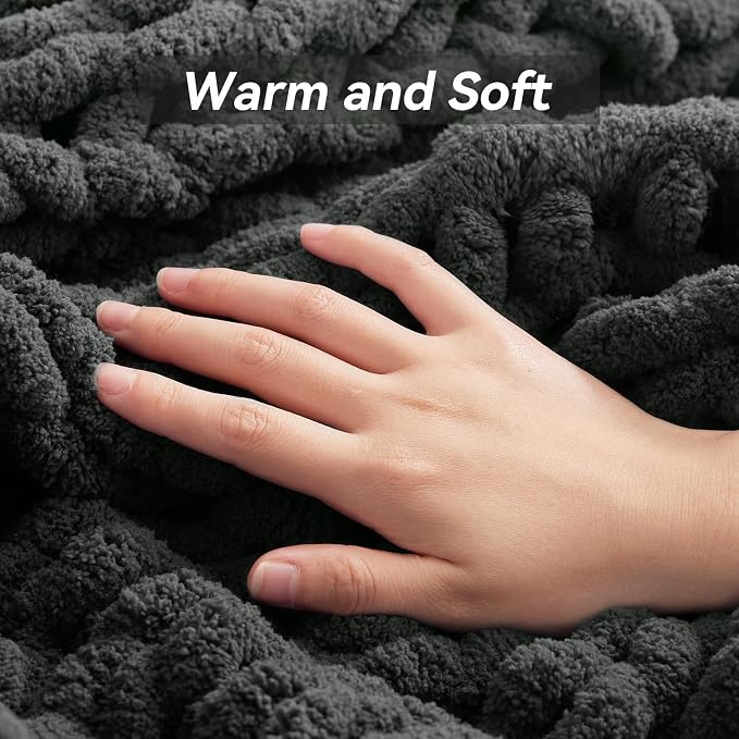 Negwoo Chunky Knit Throw Blanket, Knitted Throw Chenille Yarn, 60"*80" | Soft Thick Cable Knitted Blankets, Handmade Big Thick Blanket, Machine Washable Cute Comfy Blanket for Home Decor, Dark grey