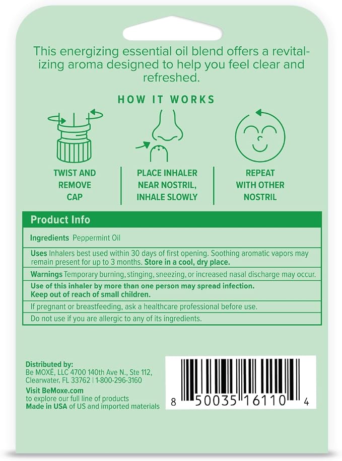 MOXE Peppermint Essential Oil Nasal Inhaler, Therapeutic No-Mess Aromatherapy, Cooling, Refreshing, Invigorating, Uplifts Mood and Positivity, Pure and Undiluted, Made in USA (3 Pack)