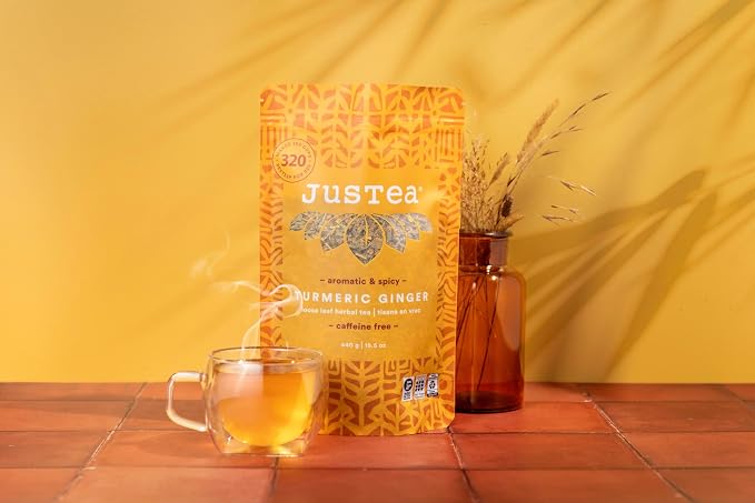 JusTea TURMERIC GINGER | Loose Leaf Herbal Tea | Recyclable Refill Pouch | 160+ Cups (15.5oz) | Caffeine Free | Award-Winning | Fair Trade | Non-GMO