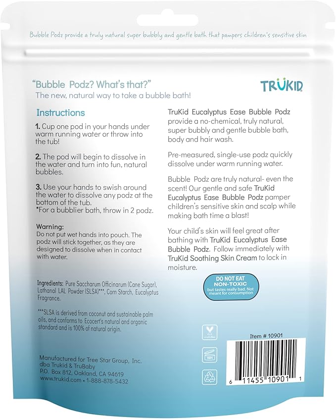TruKid Bubble Podz Bubble Bath for Kids, Toddlers, & Babies, Tear Free Gentle & Refreshing Bath Bomb for Sensitive Skin with Natural Moisturizers, Non-Toxic, pH Balanced, Eucalyptus Scent (24 Podz)