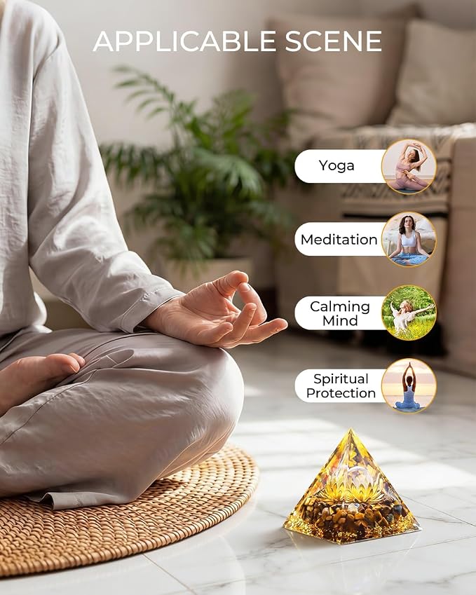 Orgone Pyramid with Healing Crystals - (Flower of Life) - Energy Generator for Positive Vibe, Stress Relief & Chakra Reiki Meditation - Spiritual Gift for Success, Wealth & Prosperity (Golden)